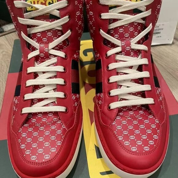 NIB Authentic Gucci-Dapper Dan Calfskin GG Micro Monogram Mens High Top Sneakers - Picture 3 of 7